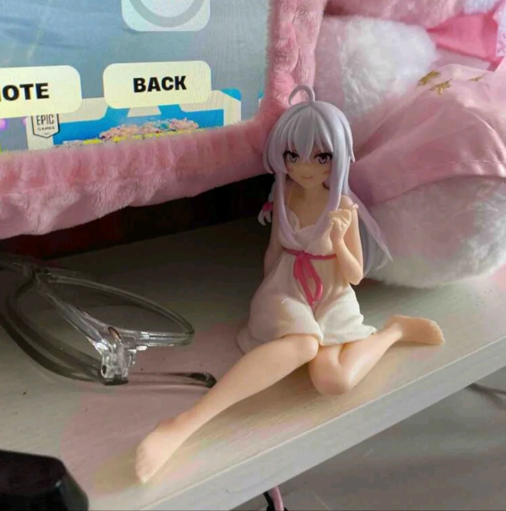 Cute anime kawaii figure girl purple hair white pink sitting manga Japan korean